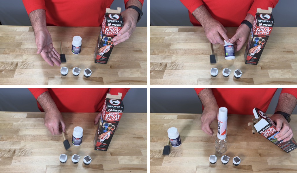Images showing the components of the Vibrance™ Trial Kit, including three dye colors, a sealer, a Preval sprayer, and a foam brush on a table.